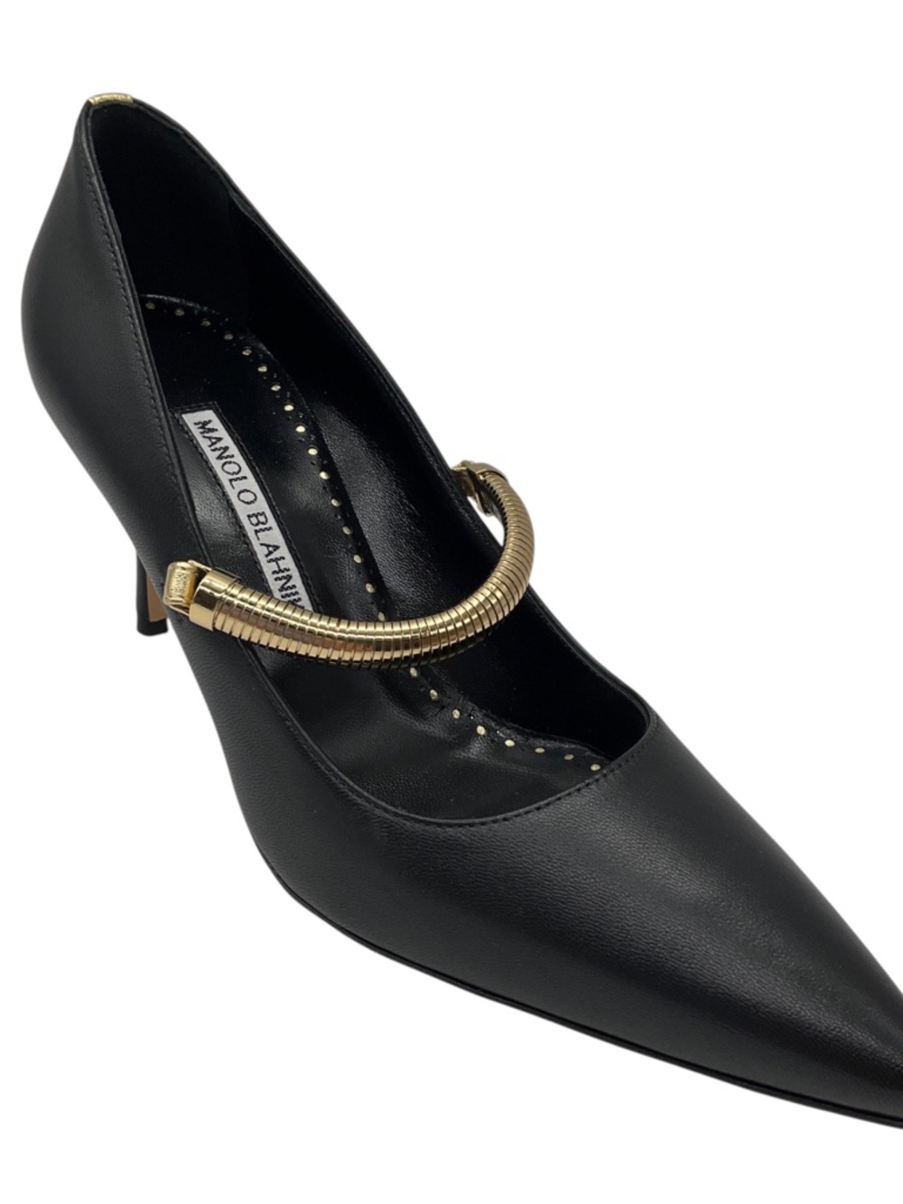 MANOLO BLAHNIK BLACK POINTED TOE LEATHER PUMPS WITH GOLD STRAP